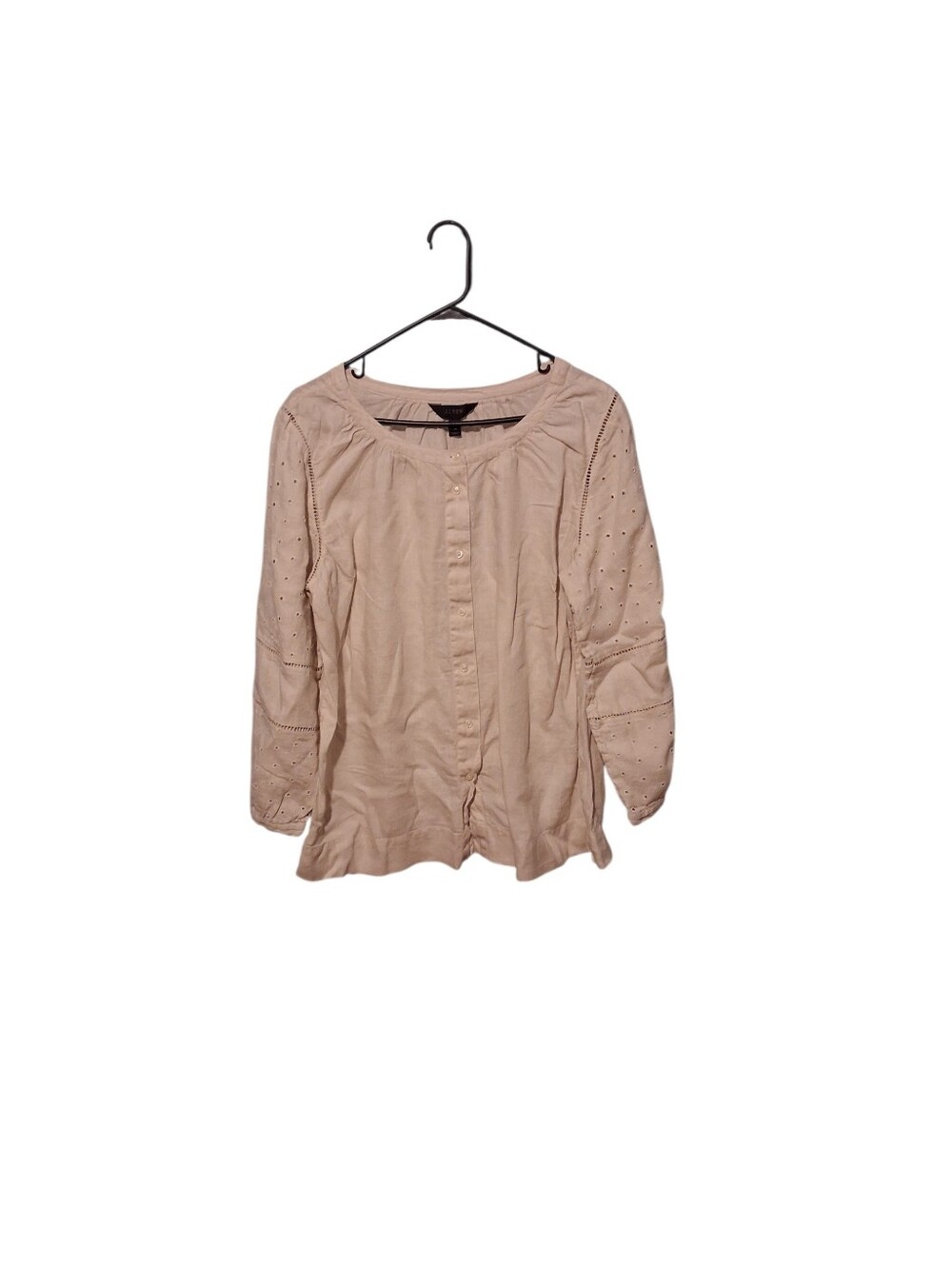 J Crew Top Button Blouse Womens Sz TL Beige Linen Eyelet Detail Boho Peasant